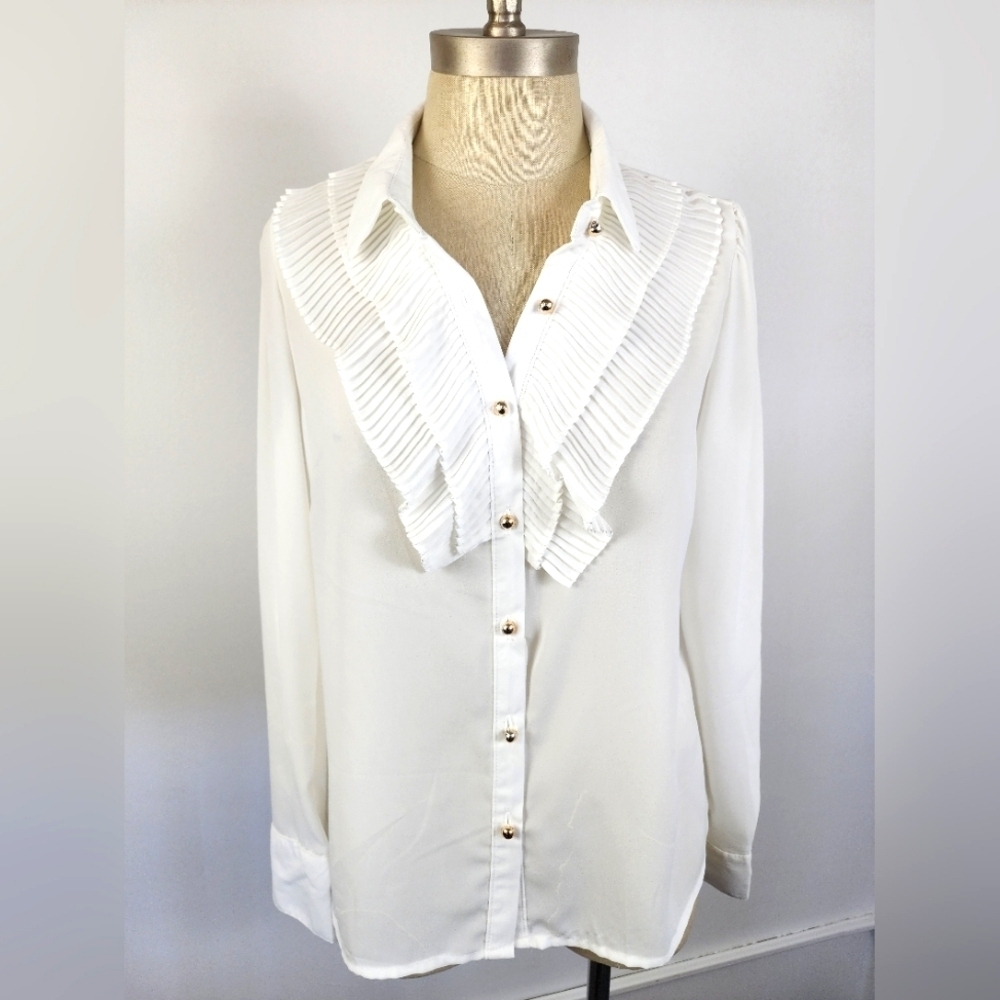 NWT Haute Monde Women's White Ruffled Sheer Button Front Blouse Shirt Top, sz LG